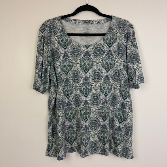 J.Jill Womens Pima-Slub Side Slit Scoop-Neck Blue Paisley Knit Tee Large Petite - Picture 1 of 8
